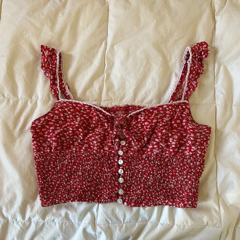 Urban Outfitters Red Floral Cropped Tank Top with Cinched Waist